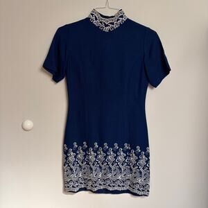 Blue Vintage 1960’s Mock Neck Paisley Embroidered Dress